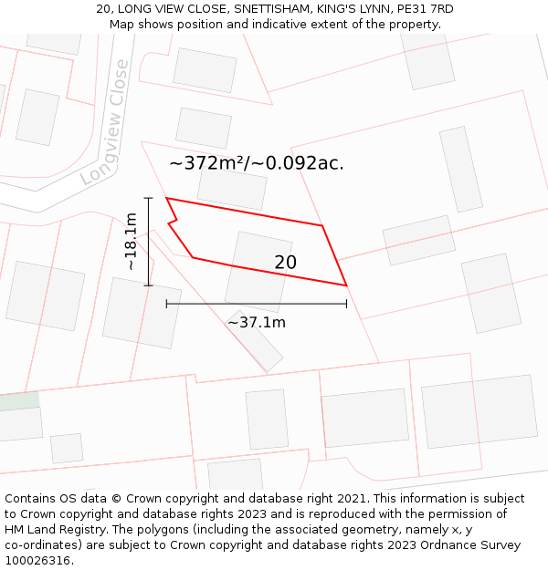 20, LONG VIEW CLOSE, SNETTISHAM, KING'S LYNN, PE31 7RD: Plot and title map