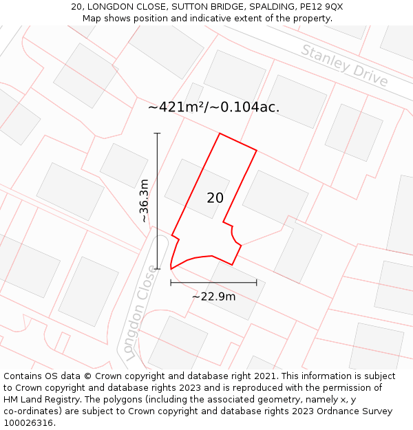 20, LONGDON CLOSE, SUTTON BRIDGE, SPALDING, PE12 9QX: Plot and title map