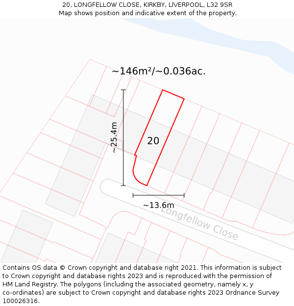 20, LONGFELLOW CLOSE, KIRKBY, LIVERPOOL, L32 9SR: Plot and title map