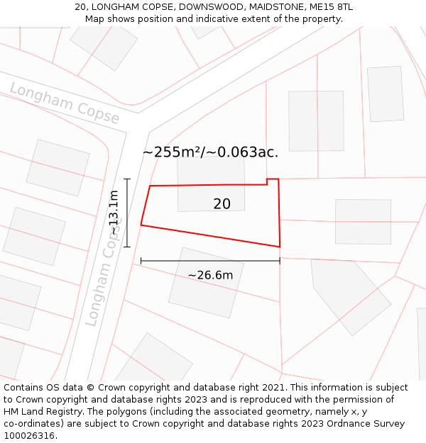 20, LONGHAM COPSE, DOWNSWOOD, MAIDSTONE, ME15 8TL: Plot and title map