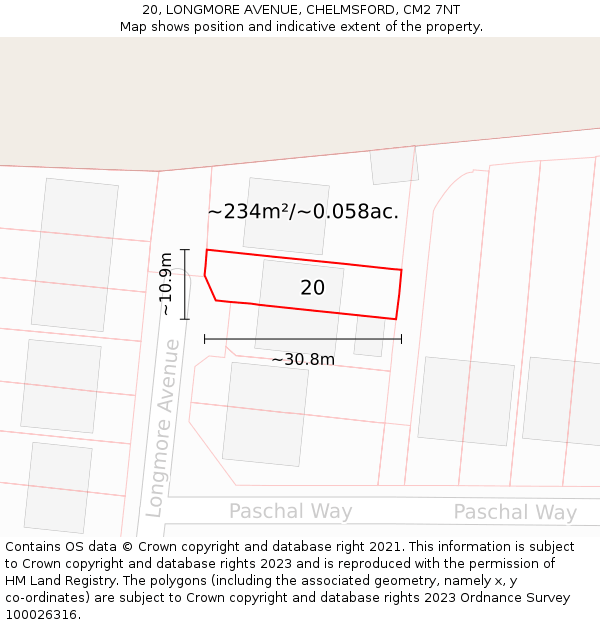 20, LONGMORE AVENUE, CHELMSFORD, CM2 7NT: Plot and title map