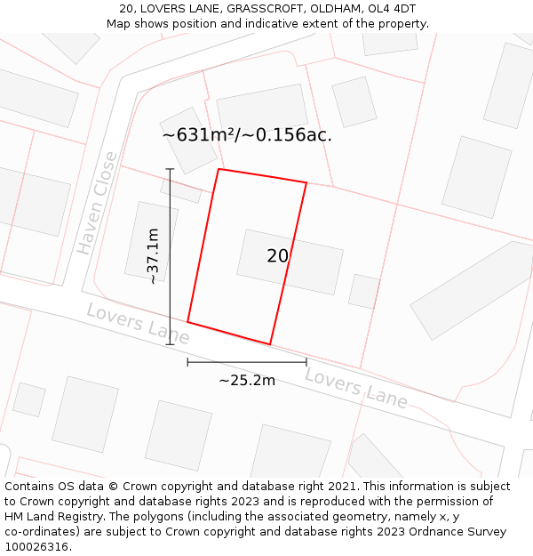 20, LOVERS LANE, GRASSCROFT, OLDHAM, OL4 4DT: Plot and title map