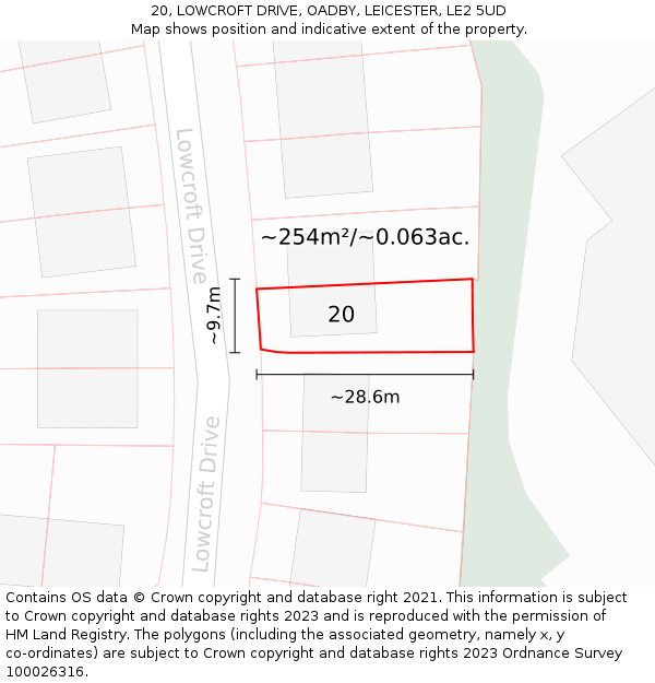 20, LOWCROFT DRIVE, OADBY, LEICESTER, LE2 5UD: Plot and title map