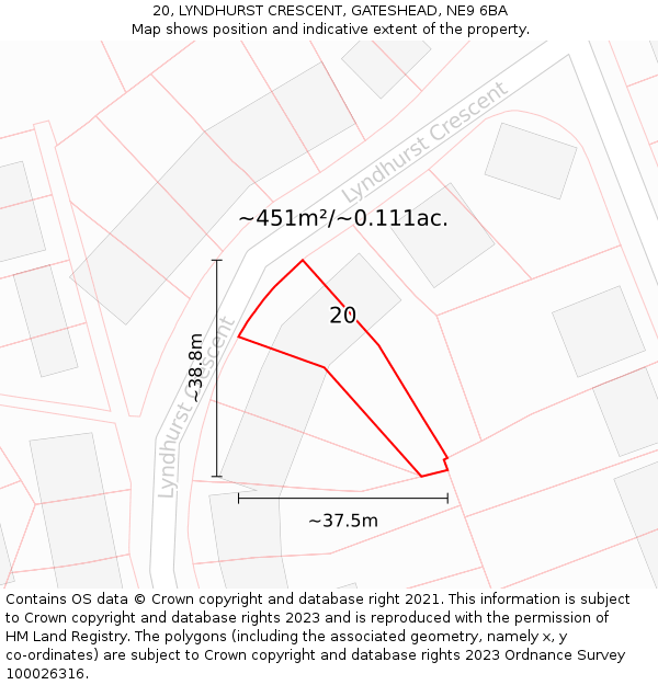 20, LYNDHURST CRESCENT, GATESHEAD, NE9 6BA: Plot and title map