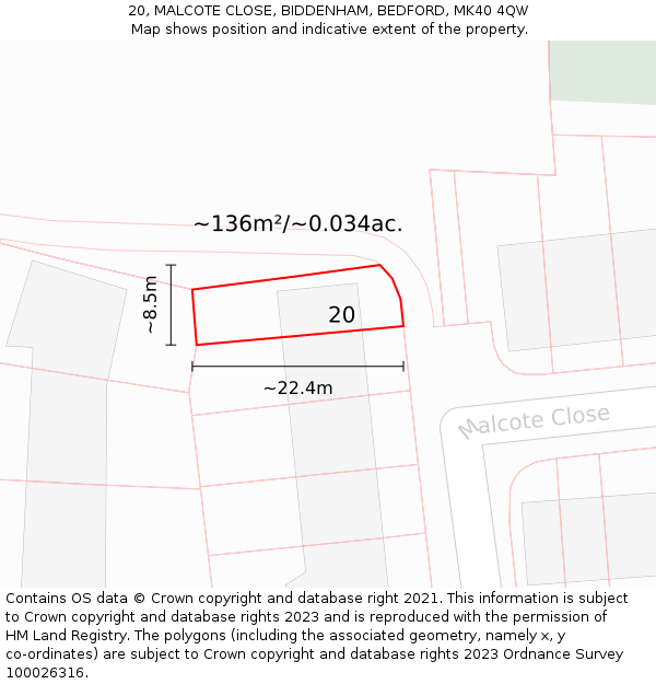 20, MALCOTE CLOSE, BIDDENHAM, BEDFORD, MK40 4QW: Plot and title map