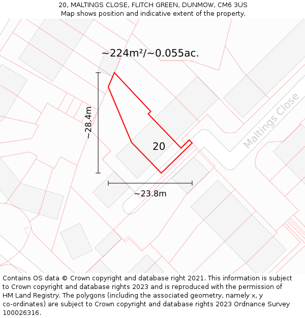 20, MALTINGS CLOSE, FLITCH GREEN, DUNMOW, CM6 3US: Plot and title map