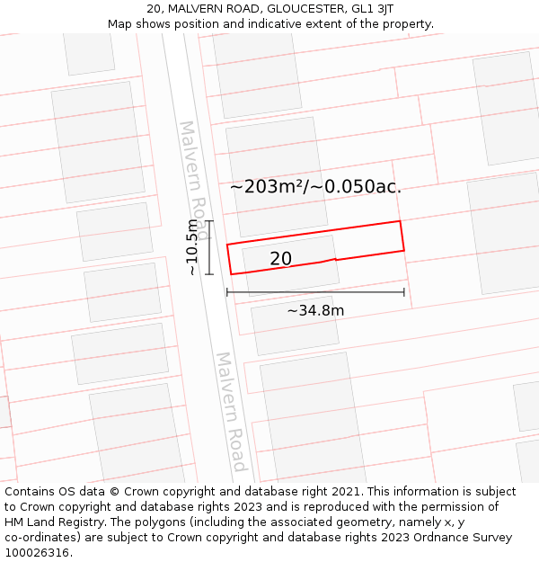 20, MALVERN ROAD, GLOUCESTER, GL1 3JT: Plot and title map