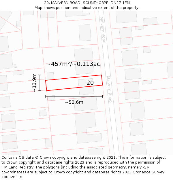 20, MALVERN ROAD, SCUNTHORPE, DN17 1EN: Plot and title map