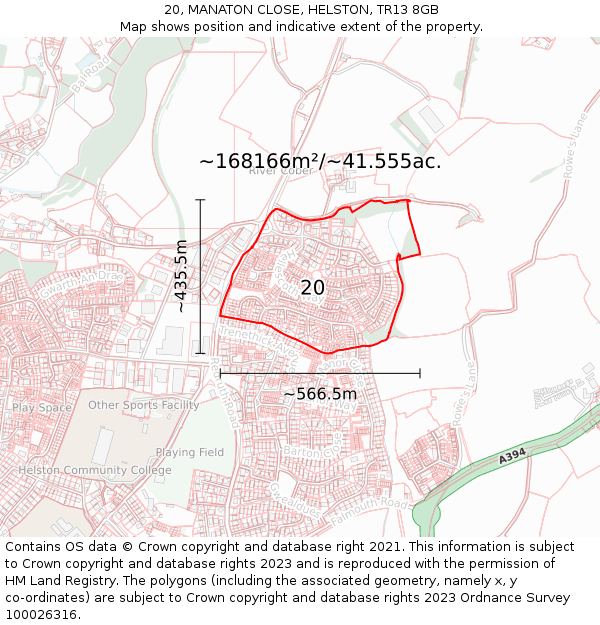 20, MANATON CLOSE, HELSTON, TR13 8GB: Plot and title map