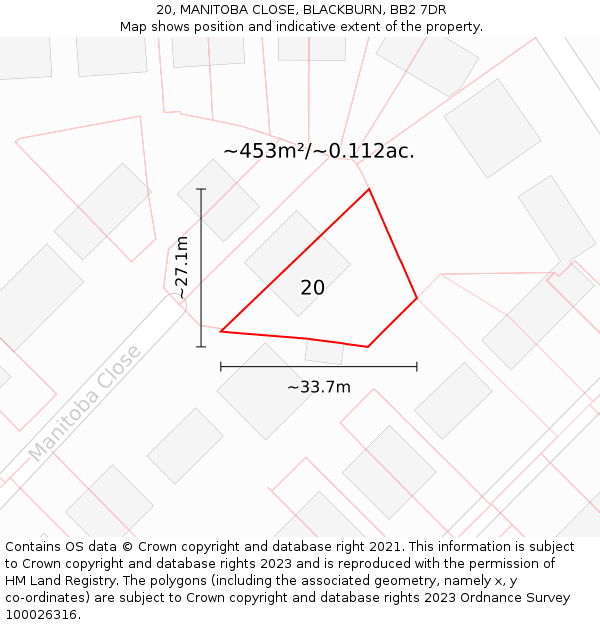 20, MANITOBA CLOSE, BLACKBURN, BB2 7DR: Plot and title map