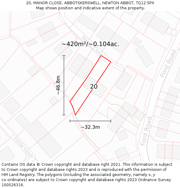 20, MANOR CLOSE, ABBOTSKERSWELL, NEWTON ABBOT, TQ12 5PX: Plot and title map