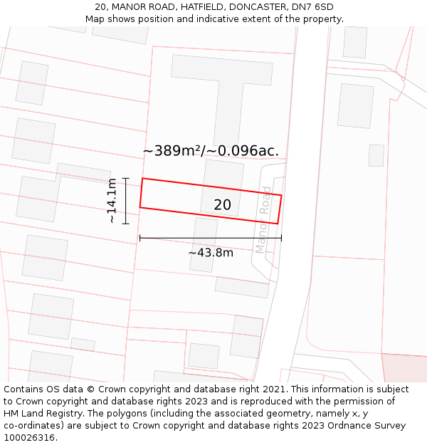20, MANOR ROAD, HATFIELD, DONCASTER, DN7 6SD: Plot and title map