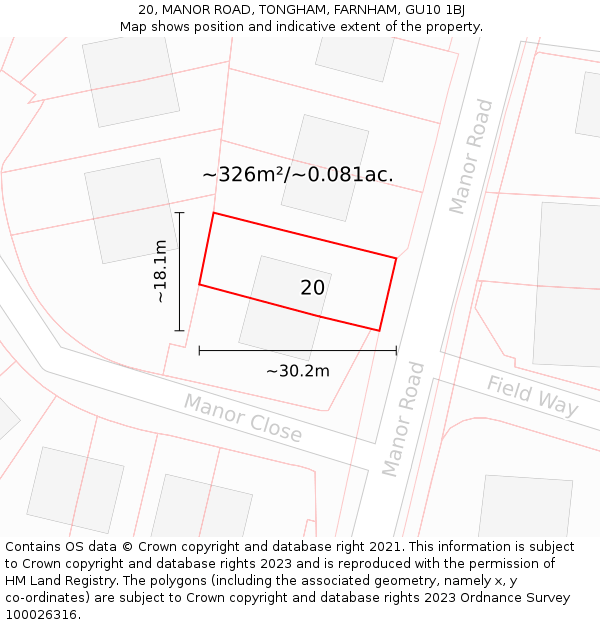 20, MANOR ROAD, TONGHAM, FARNHAM, GU10 1BJ: Plot and title map