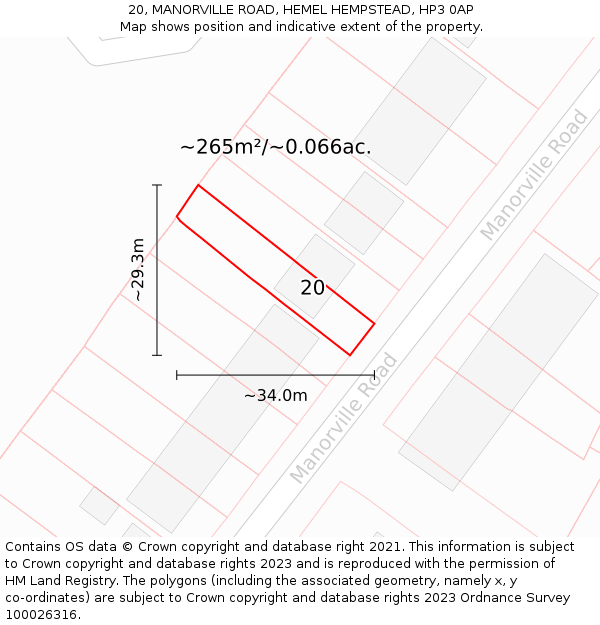 20, MANORVILLE ROAD, HEMEL HEMPSTEAD, HP3 0AP: Plot and title map