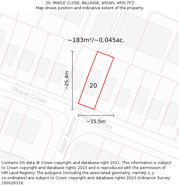 20, MAPLE CLOSE, BILLINGE, WIGAN, WN5 7PZ: Plot and title map