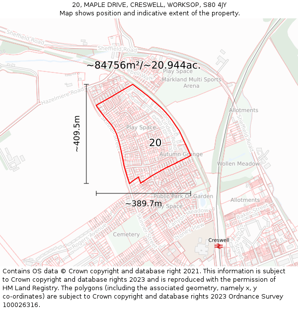 20, MAPLE DRIVE, CRESWELL, WORKSOP, S80 4JY: Plot and title map