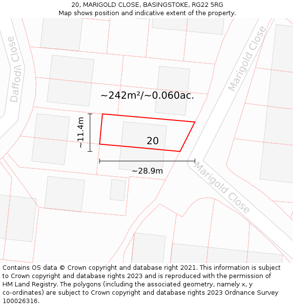 20, MARIGOLD CLOSE, BASINGSTOKE, RG22 5RG: Plot and title map