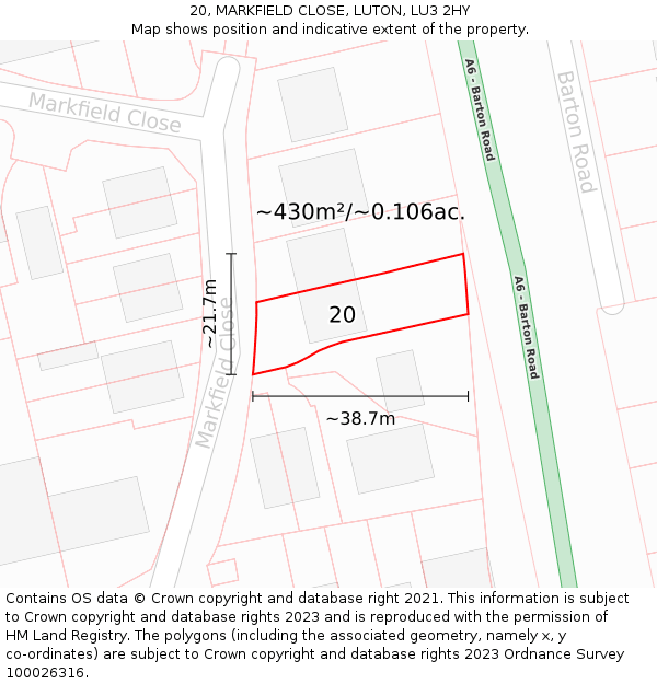 20, MARKFIELD CLOSE, LUTON, LU3 2HY: Plot and title map