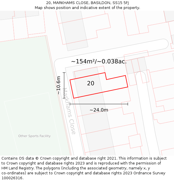 20, MARKHAMS CLOSE, BASILDON, SS15 5FJ: Plot and title map