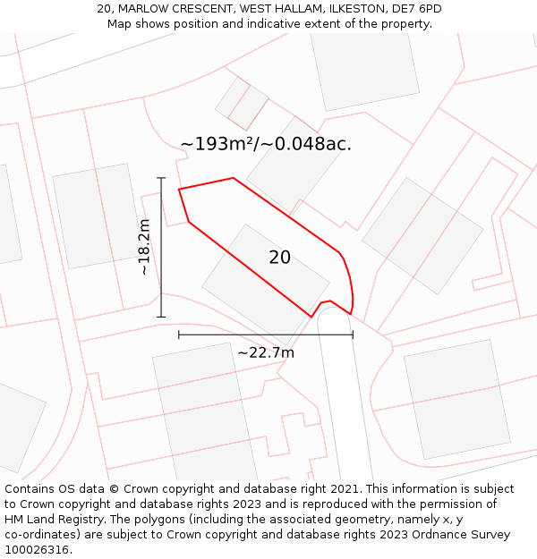 20, MARLOW CRESCENT, WEST HALLAM, ILKESTON, DE7 6PD: Plot and title map