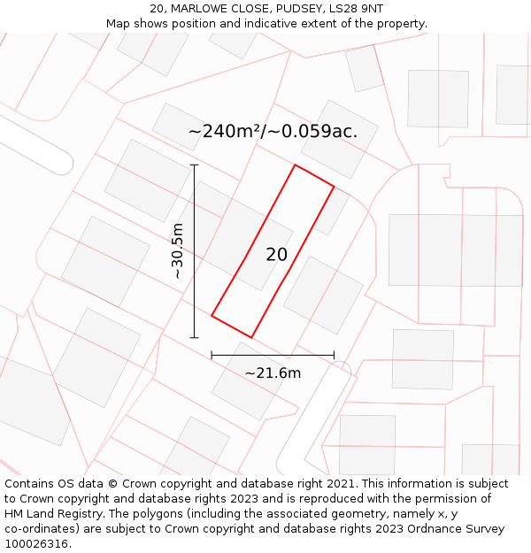 20, MARLOWE CLOSE, PUDSEY, LS28 9NT: Plot and title map