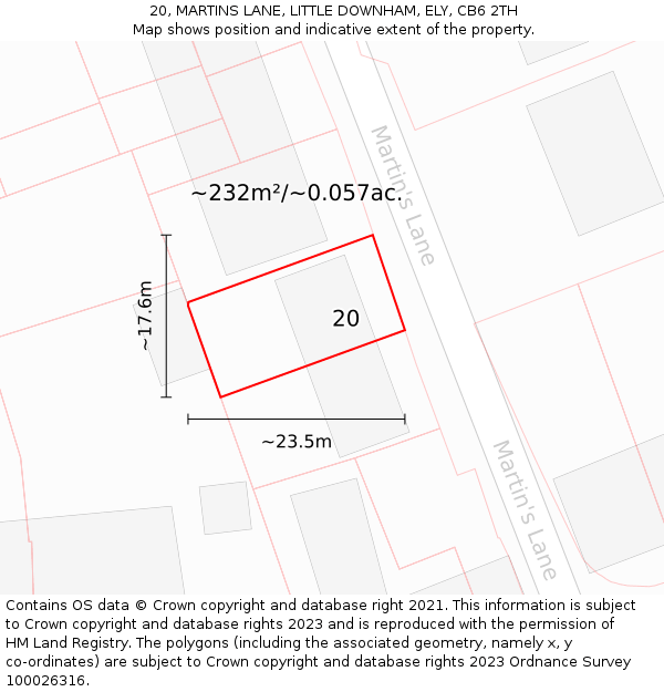 20, MARTINS LANE, LITTLE DOWNHAM, ELY, CB6 2TH: Plot and title map