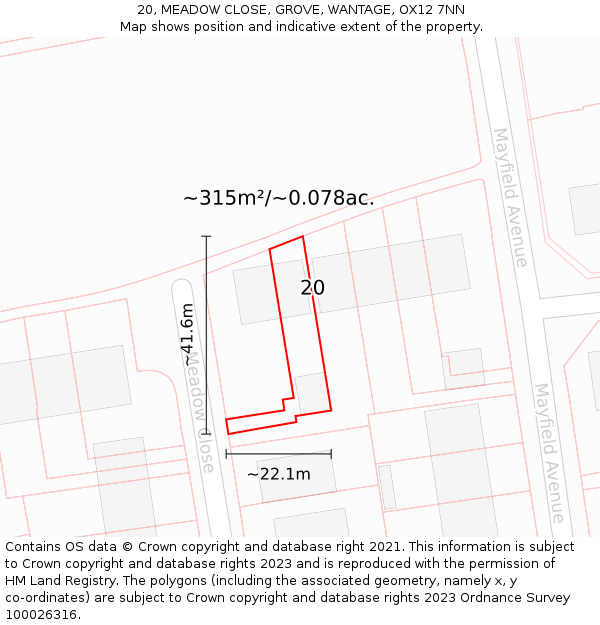 20, MEADOW CLOSE, GROVE, WANTAGE, OX12 7NN: Plot and title map