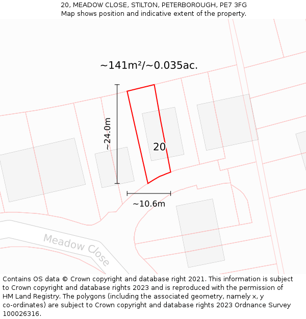 20, MEADOW CLOSE, STILTON, PETERBOROUGH, PE7 3FG: Plot and title map