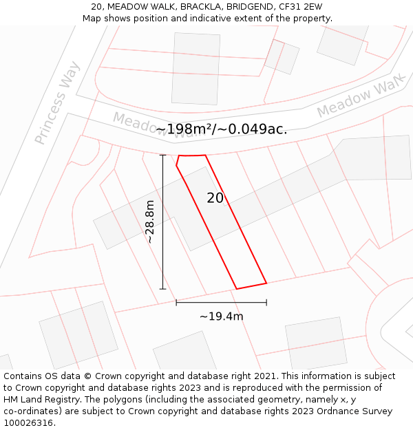 20, MEADOW WALK, BRACKLA, BRIDGEND, CF31 2EW: Plot and title map