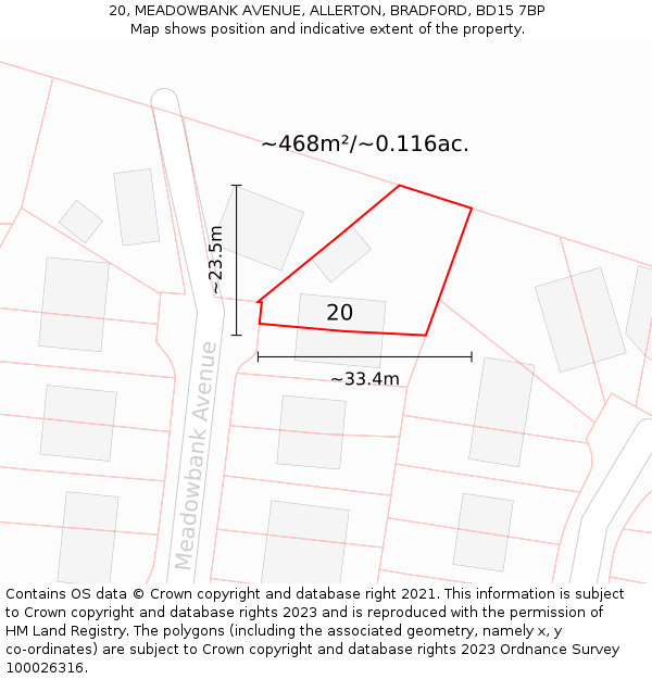 20, MEADOWBANK AVENUE, ALLERTON, BRADFORD, BD15 7BP: Plot and title map