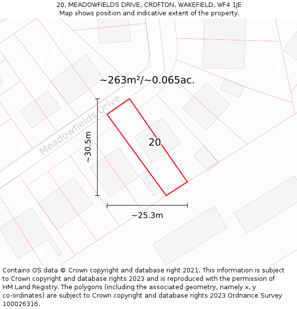 20, MEADOWFIELDS DRIVE, CROFTON, WAKEFIELD, WF4 1JE: Plot and title map