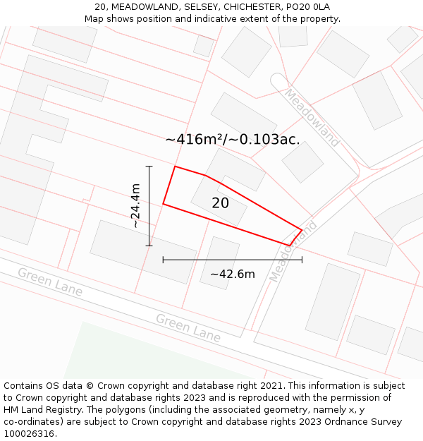 20, MEADOWLAND, SELSEY, CHICHESTER, PO20 0LA: Plot and title map