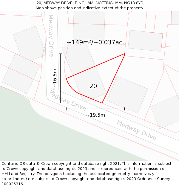 20, MEDWAY DRIVE, BINGHAM, NOTTINGHAM, NG13 8YD: Plot and title map