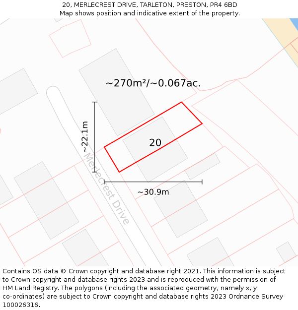 20, MERLECREST DRIVE, TARLETON, PRESTON, PR4 6BD: Plot and title map