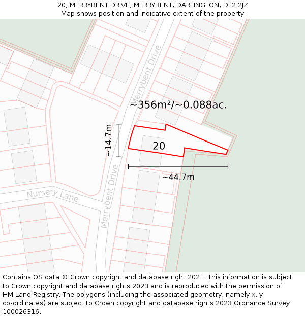20, MERRYBENT DRIVE, MERRYBENT, DARLINGTON, DL2 2JZ: Plot and title map