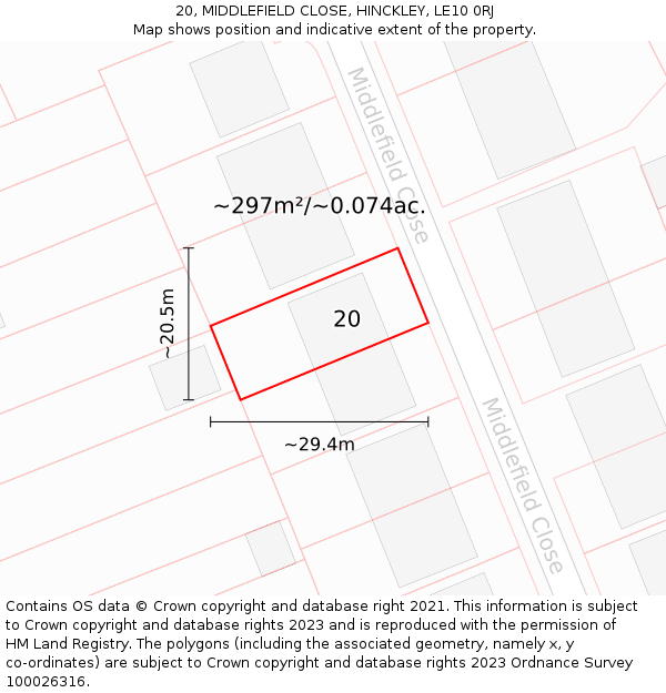 20, MIDDLEFIELD CLOSE, HINCKLEY, LE10 0RJ: Plot and title map