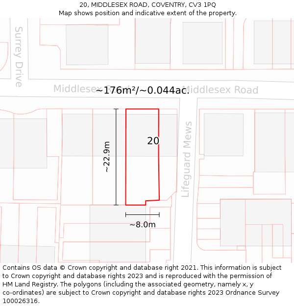 20, MIDDLESEX ROAD, COVENTRY, CV3 1PQ: Plot and title map