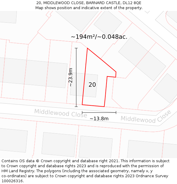 20, MIDDLEWOOD CLOSE, BARNARD CASTLE, DL12 8QE: Plot and title map