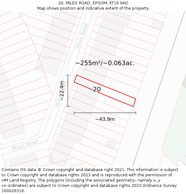 20, MILES ROAD, EPSOM, KT19 9AD: Plot and title map