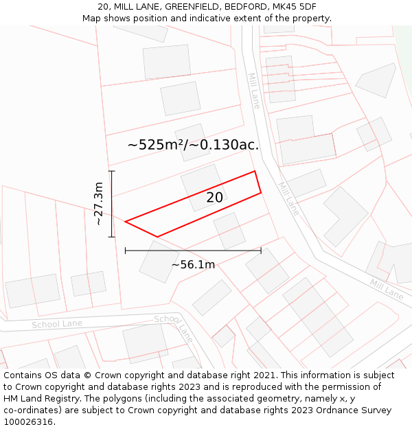 20, MILL LANE, GREENFIELD, BEDFORD, MK45 5DF: Plot and title map