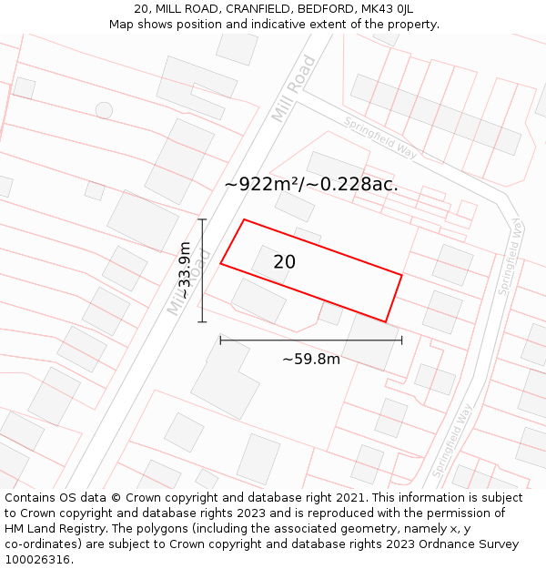 20, MILL ROAD, CRANFIELD, BEDFORD, MK43 0JL: Plot and title map