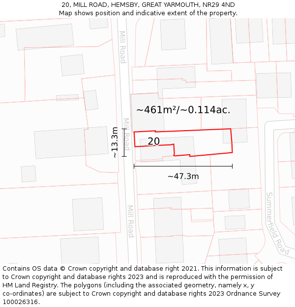 20, MILL ROAD, HEMSBY, GREAT YARMOUTH, NR29 4ND: Plot and title map