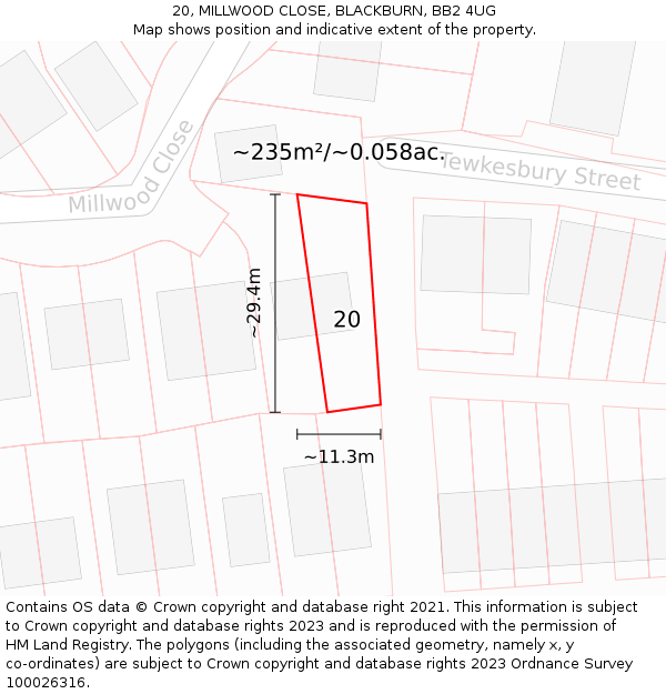 20, MILLWOOD CLOSE, BLACKBURN, BB2 4UG: Plot and title map