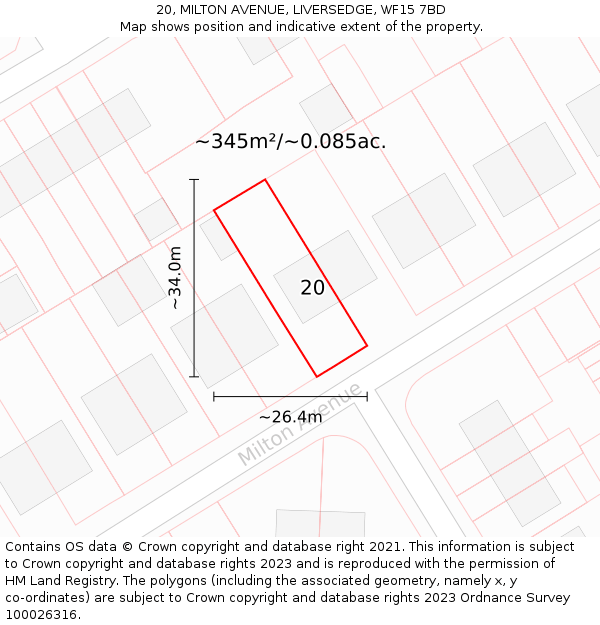 20, MILTON AVENUE, LIVERSEDGE, WF15 7BD: Plot and title map