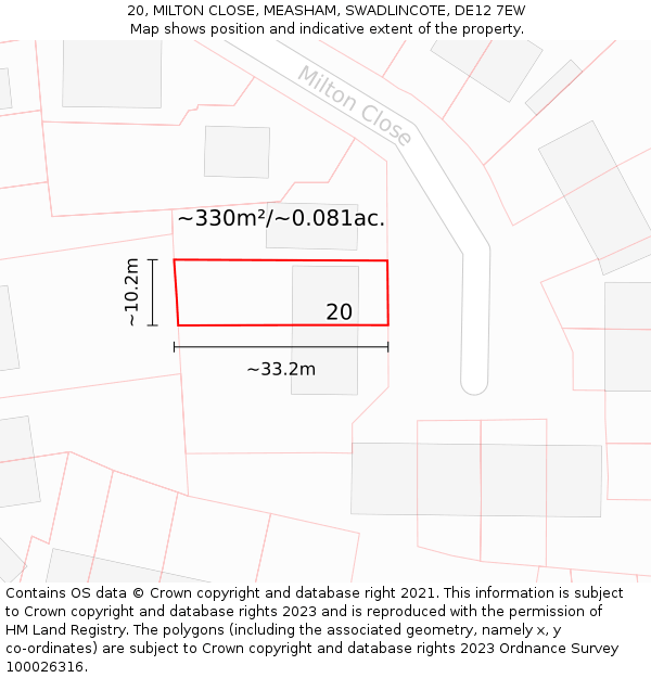 20, MILTON CLOSE, MEASHAM, SWADLINCOTE, DE12 7EW: Plot and title map