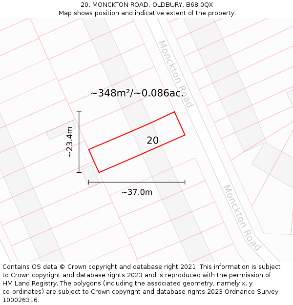 20, MONCKTON ROAD, OLDBURY, B68 0QX: Plot and title map