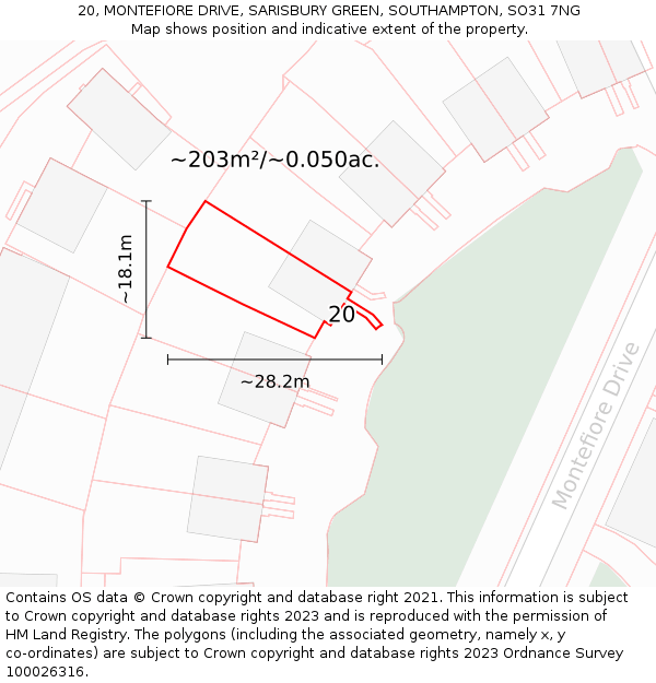20, MONTEFIORE DRIVE, SARISBURY GREEN, SOUTHAMPTON, SO31 7NG: Plot and title map