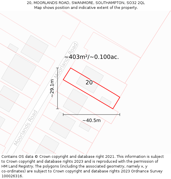 20, MOORLANDS ROAD, SWANMORE, SOUTHAMPTON, SO32 2QL: Plot and title map