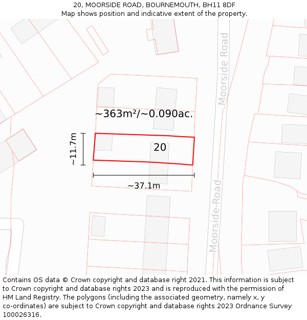20, MOORSIDE ROAD, BOURNEMOUTH, BH11 8DF: Plot and title map