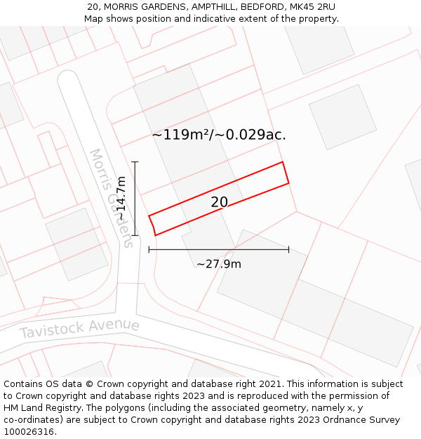 20, MORRIS GARDENS, AMPTHILL, BEDFORD, MK45 2RU: Plot and title map